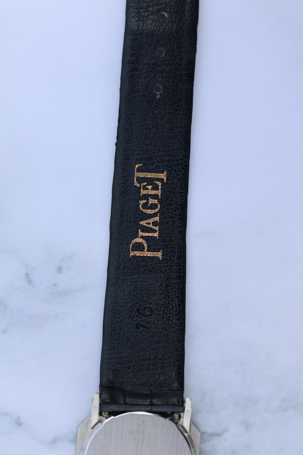 Original Piaget leather strap fitted to 9341 watch, sized for 6.5-inch wrist and paired with white gold buckle