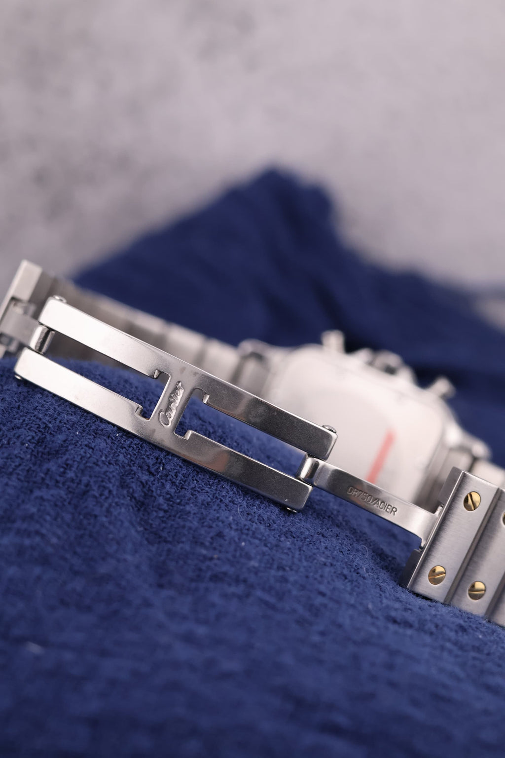 Cartier Santos Chronograph bracelet with clasp open, showing full extension and deployment mechanism