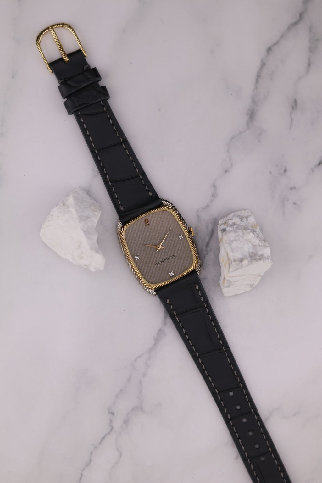 Audemars Piguet two-tone vintage dress watch with 18K yellow and white gold case, braided bezel, and diamond markers, c. 1970s