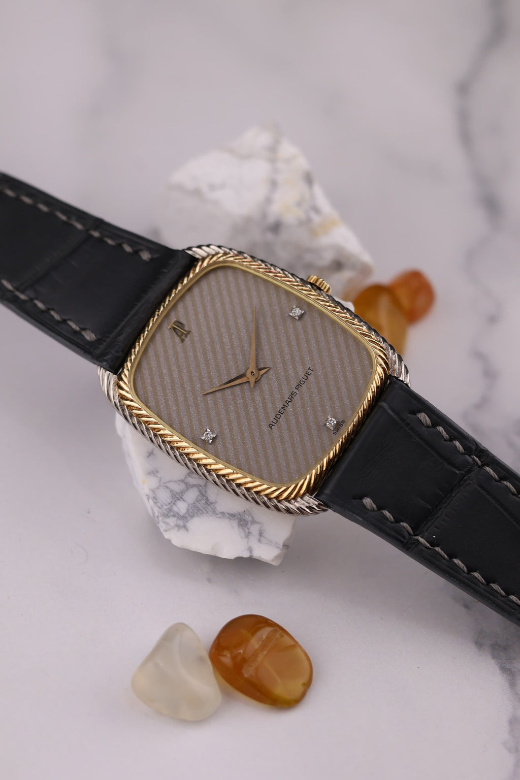 Detailed view of Audemars Piguet dial showing fine textured surface and elegant minimalist layout