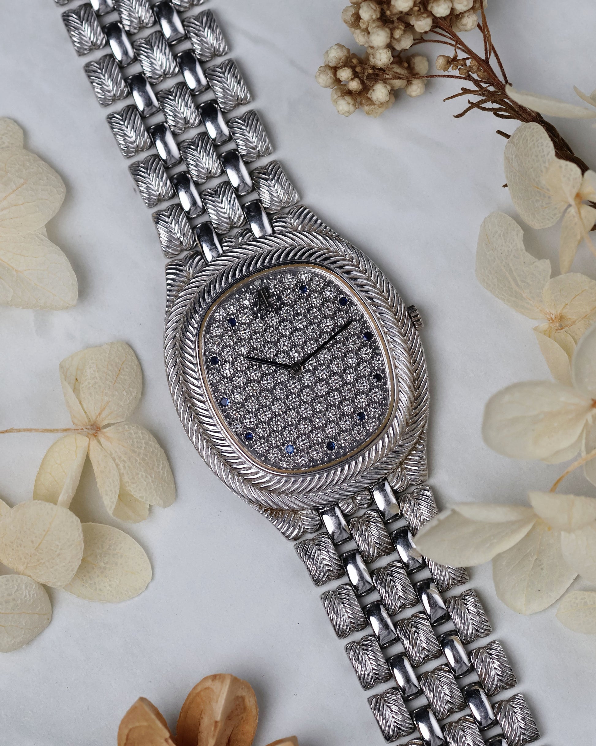 Wrist shot of the Audemars Piguet Feather, showing how the intricate design wears like jewellery.