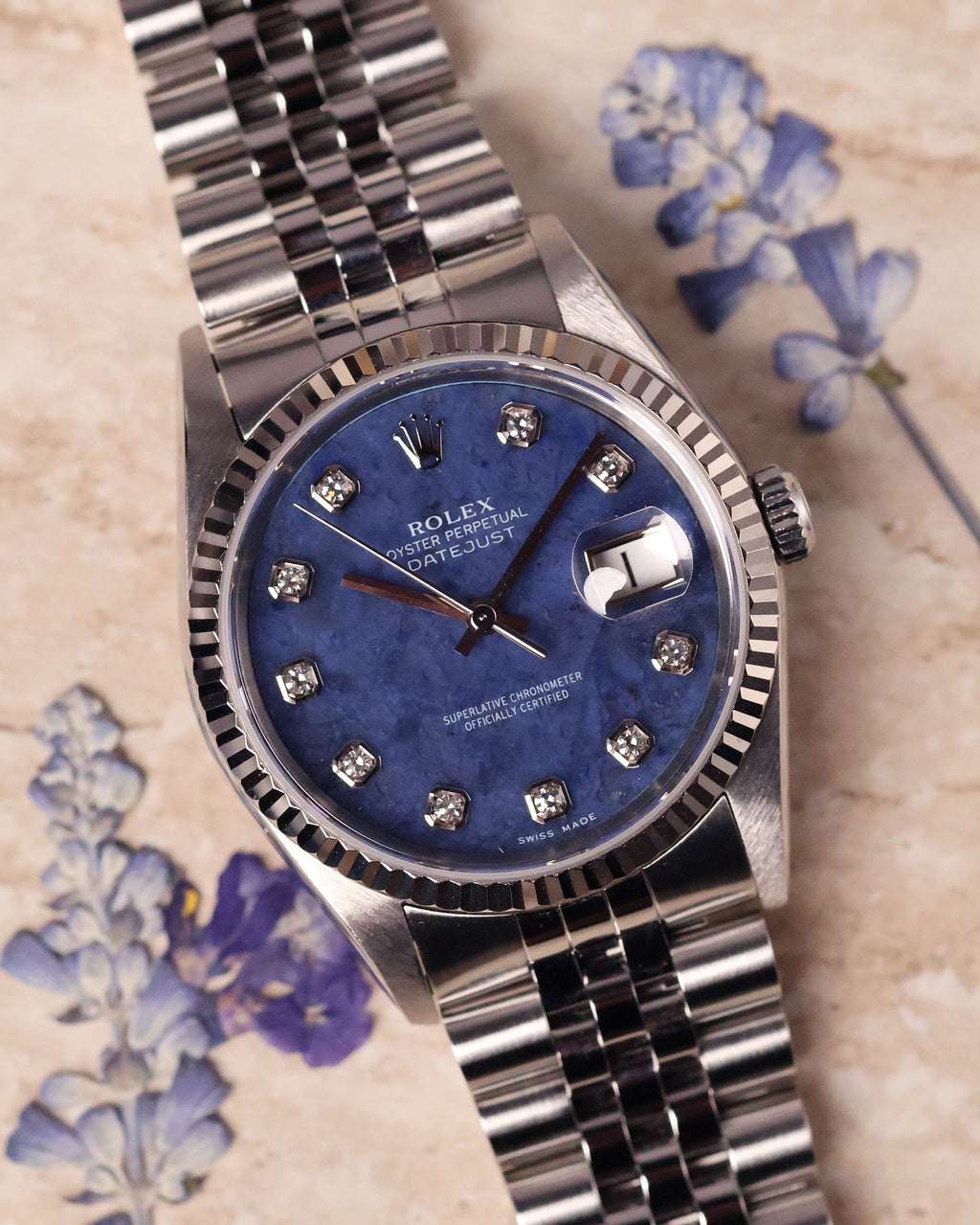 Rolex Datejust 16234 with rare sodalite dial, Jubilee bracelet, and white gold bezel