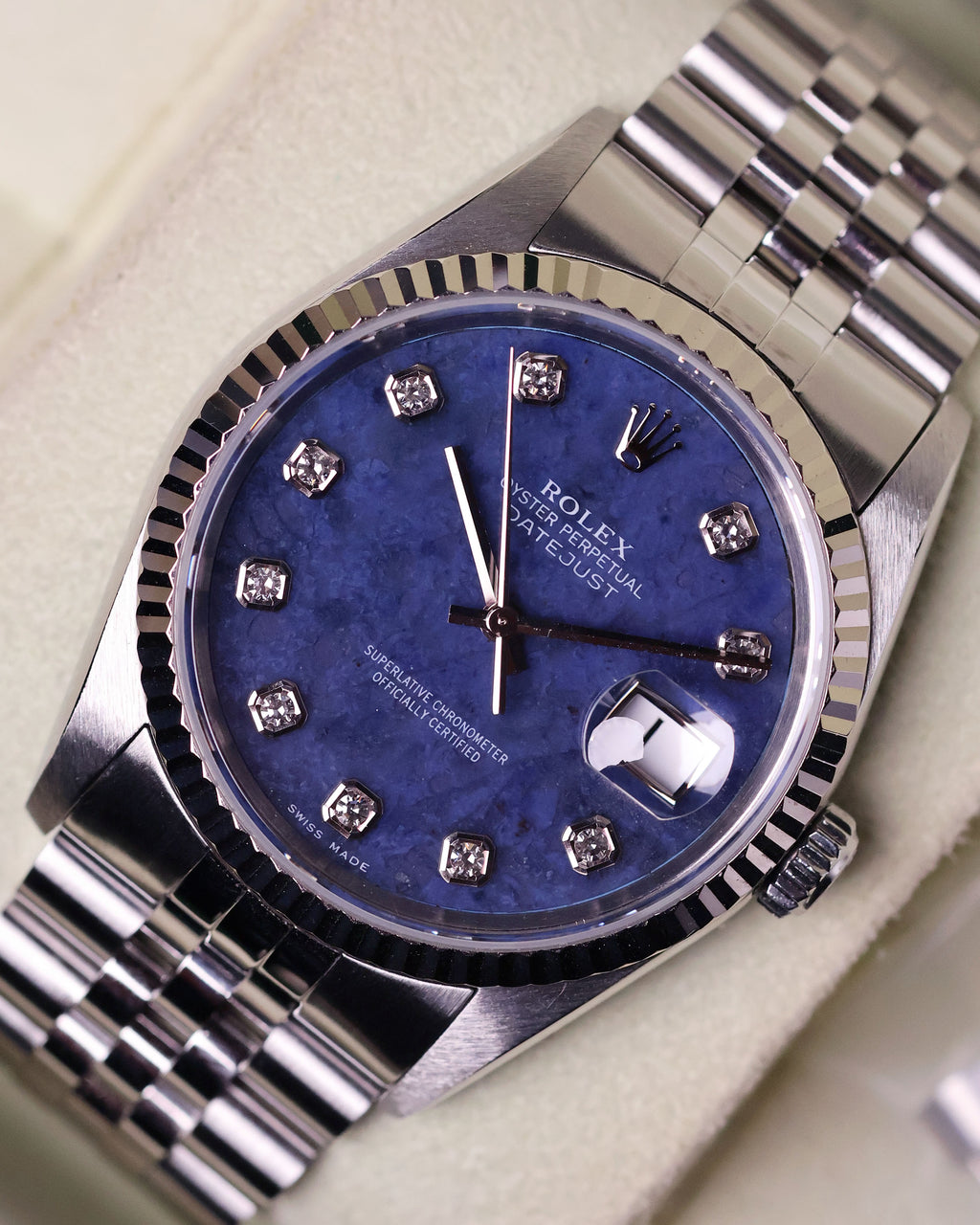 Rolex Datejust 16234 sodalite dial semi close-up showing natural stone texture