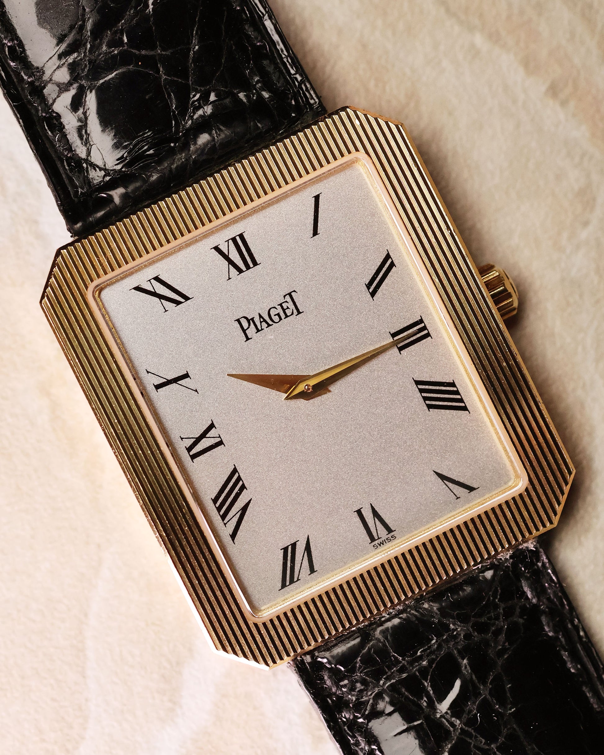 Piaget Protocole Jumbo 90154 in 18K yellow gold with silver Roman numeral dial, full front view.