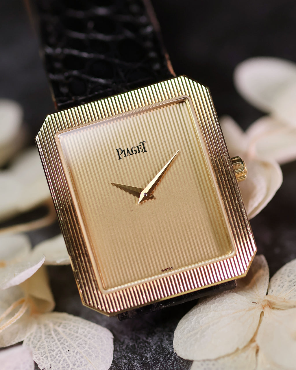 Piaget Protocole 90154 in 18K yellow gold with vertical tapestry dial on black leather strap.