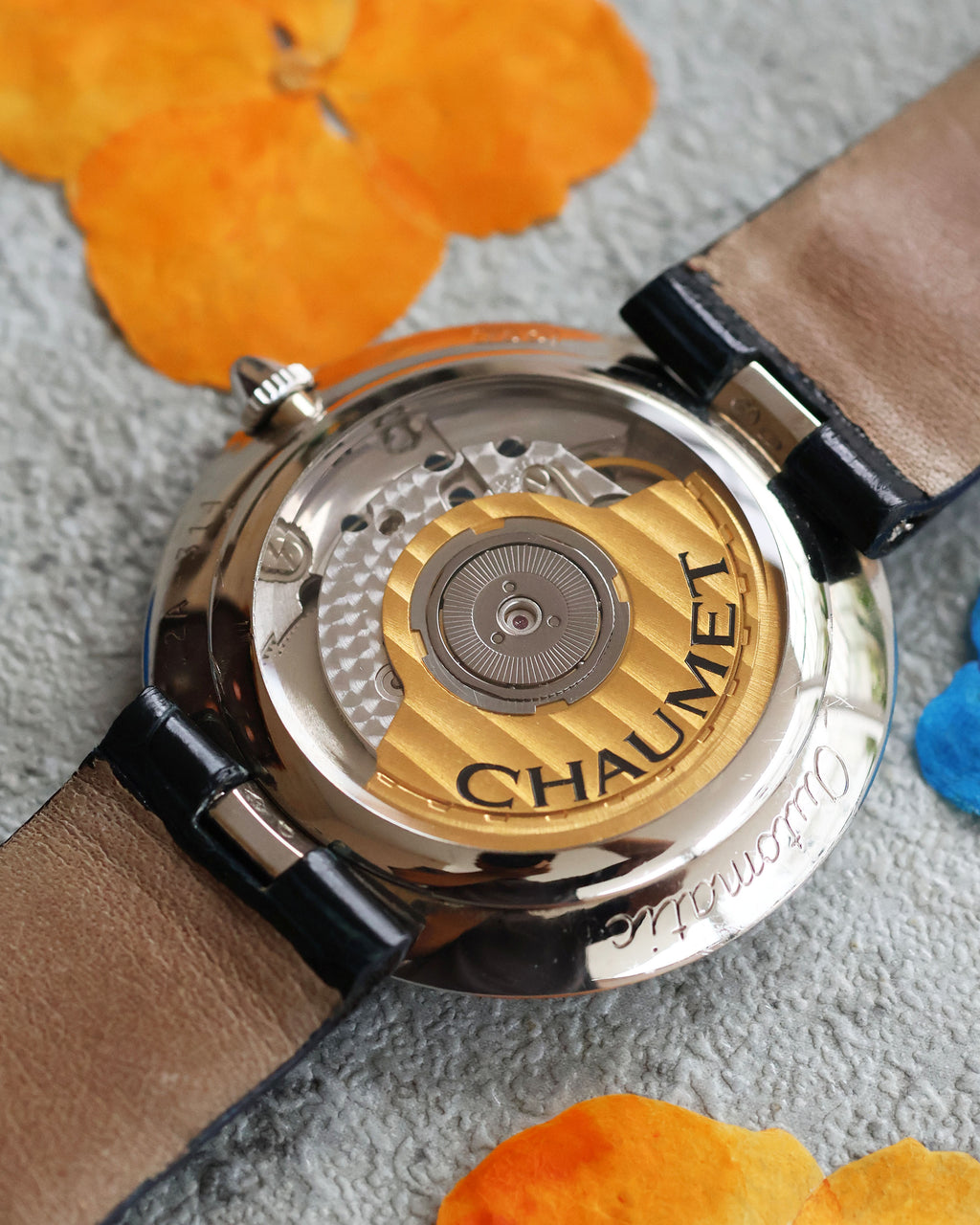 Close-up of Chaumet signed rotor through transparent caseback, 18K white gold watch movement detail.