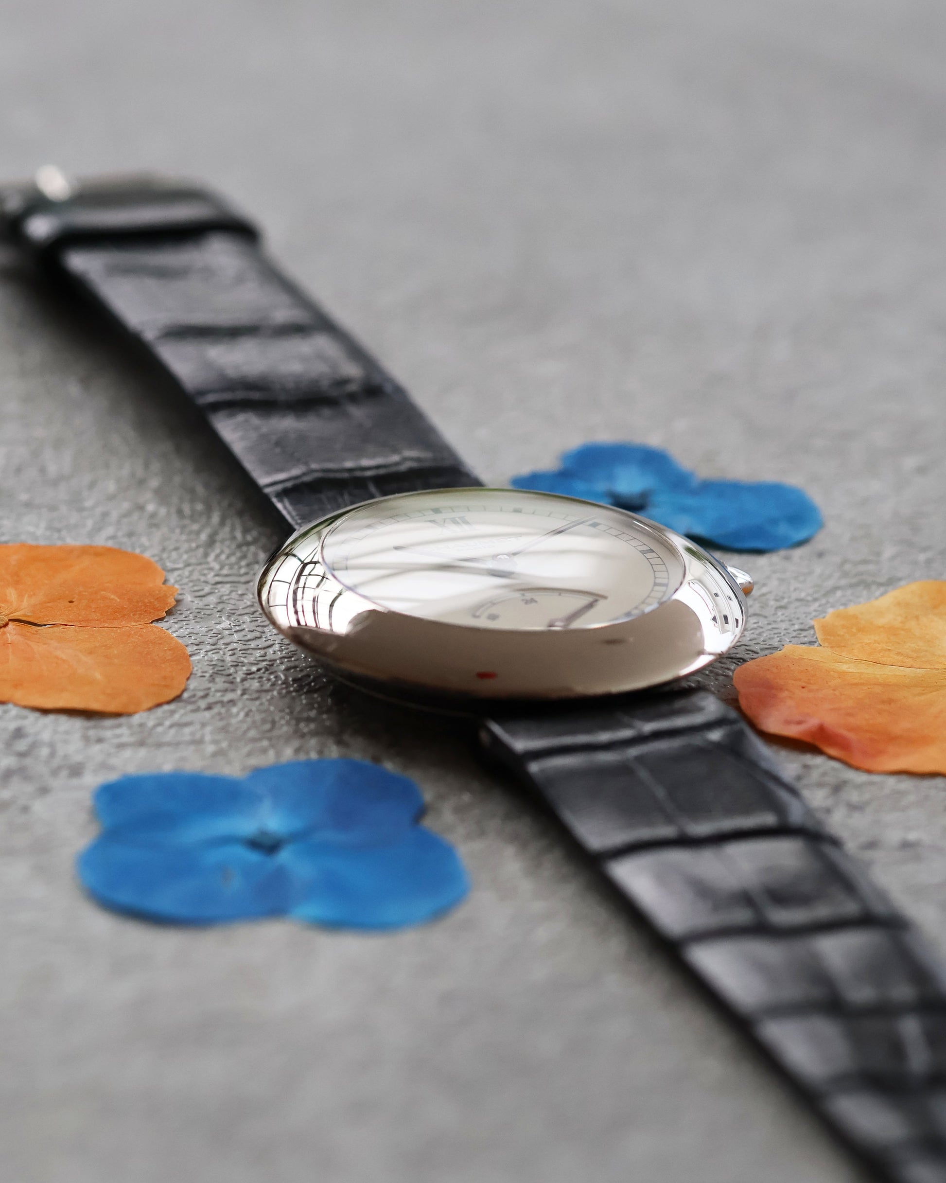 Chaumet Dress Watch Ref. 12A, low angle showing polished white gold case and lugs.