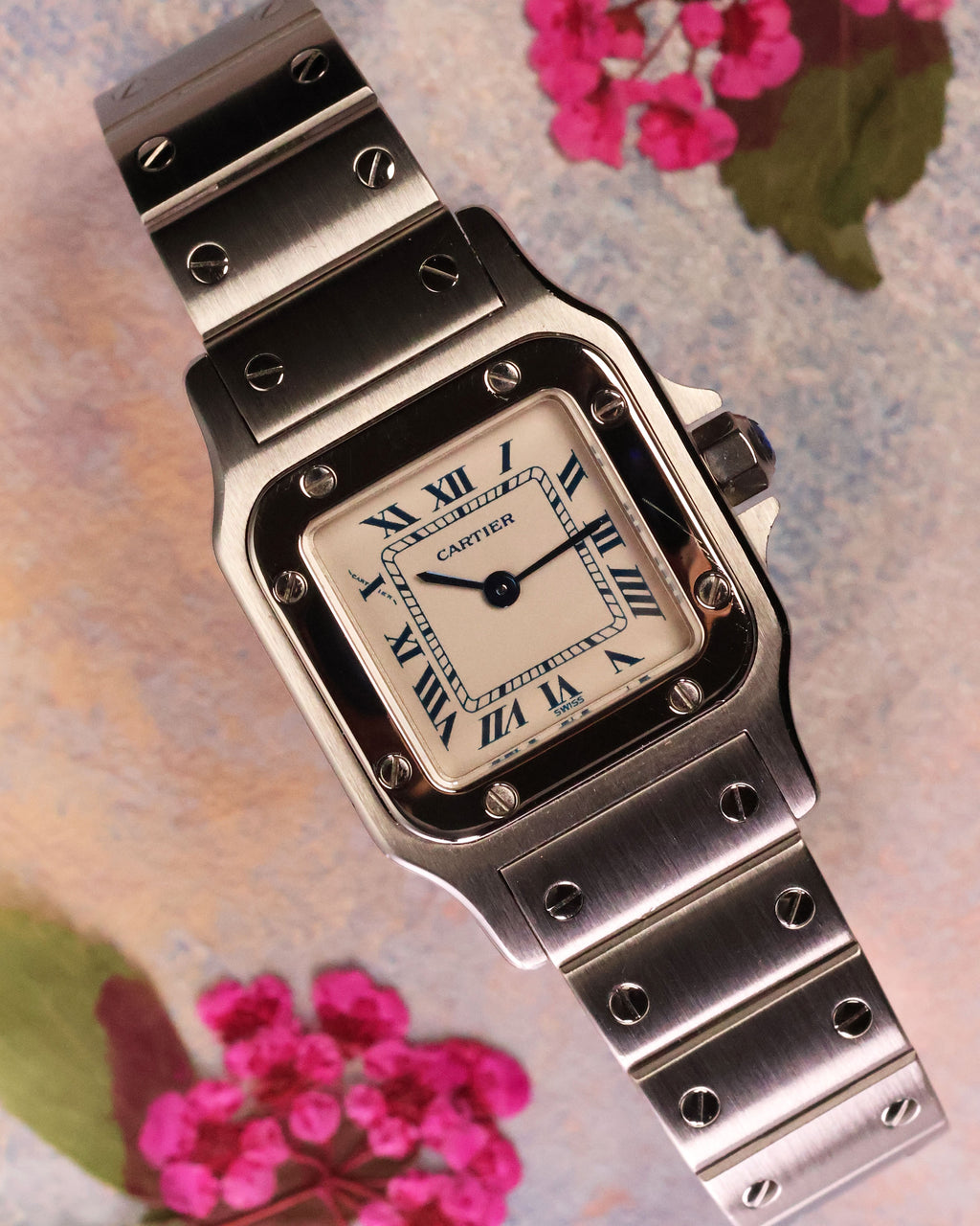 Cartier Santos Galbée Ref. 1565 stainless steel watch with white dial and blue Roman numerals