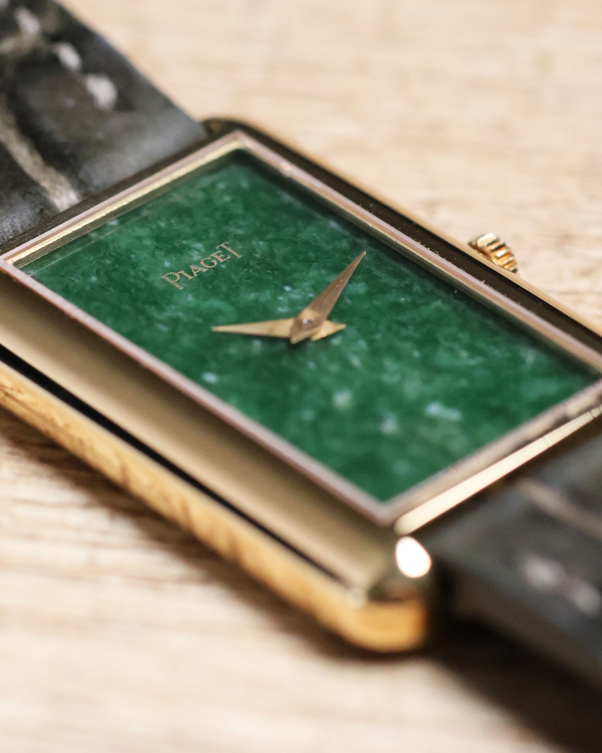 Macro shot of jade dial on Piaget 9228 highlighting green tones and minimal design