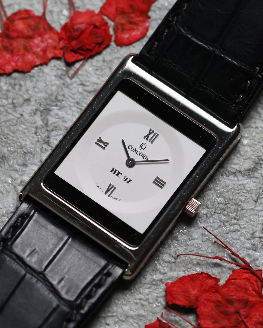 Wrist-ready shot of the Concord Delirium 1997 platinum ultra-thin manual with elegant minimalist design.