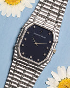 Front-facing view of Audemars Piguet Bamboo large size 27mm white gold with blue dial and diamond hour markers