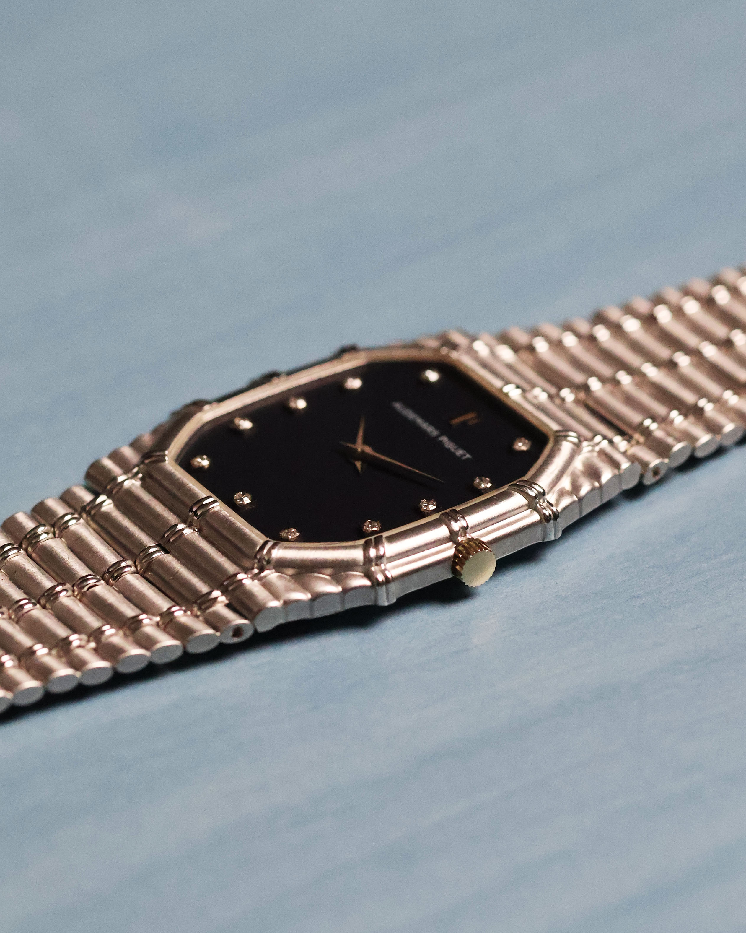 Close-up of crown detail on Audemars Piguet Bamboo 27mm white gold case