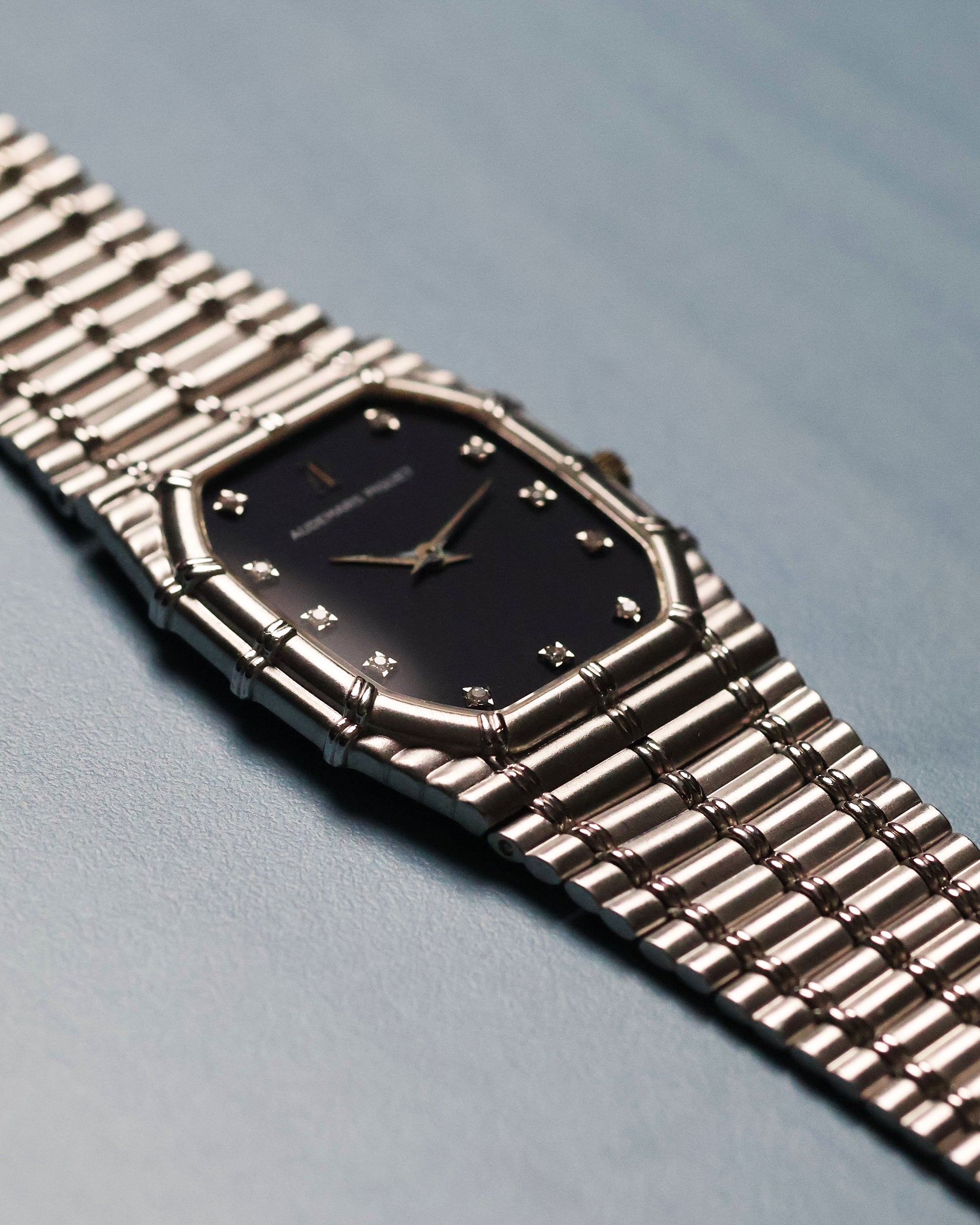 Low angle shot highlighting the slim profile and integrated white gold bamboo bracelet of the Audemars Piguet Bamboo 27mm