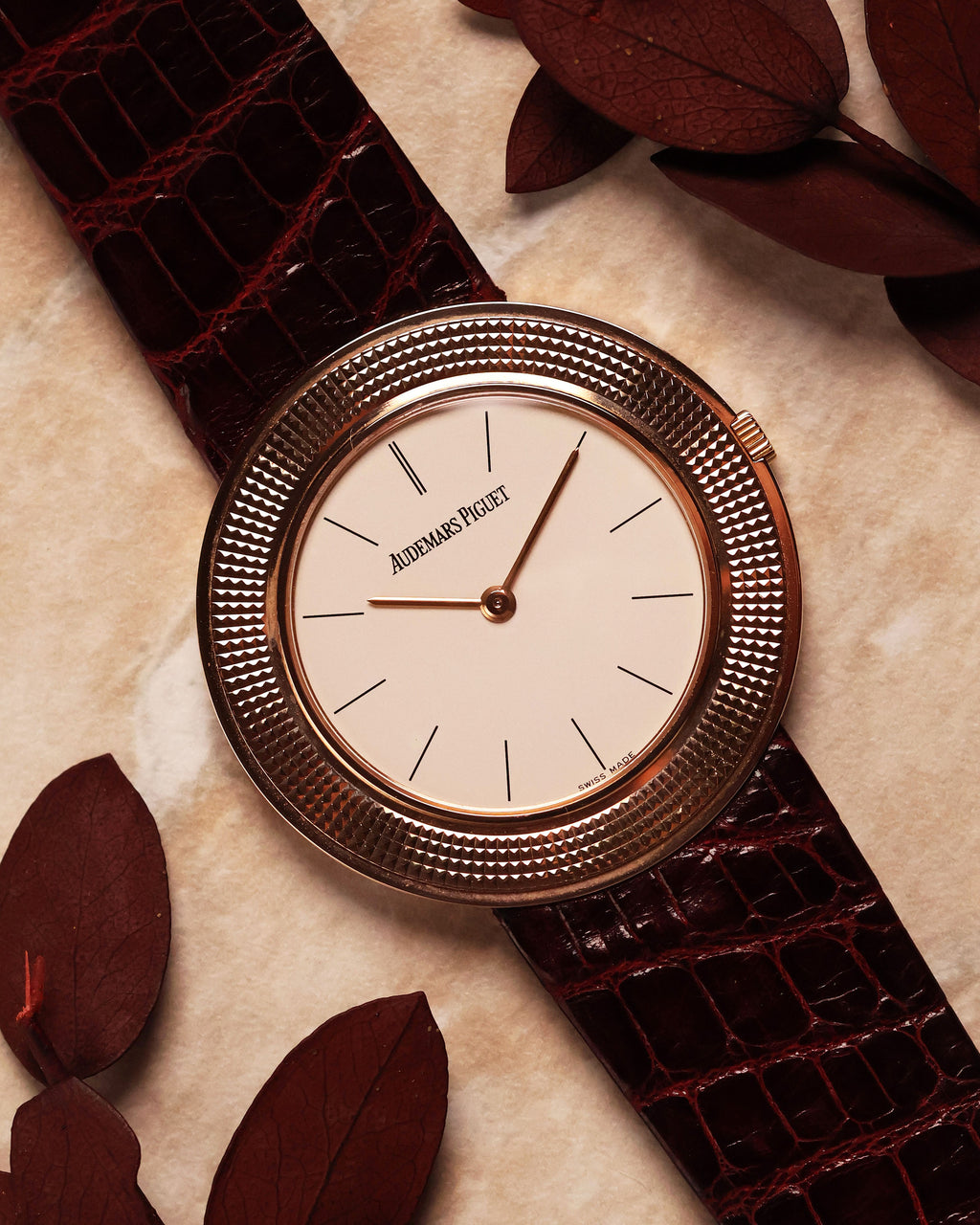 Audemars Piguet Disco Volante Ref. 14988OR in 18k rose gold with clous de Paris bezel, full front view on leather strap