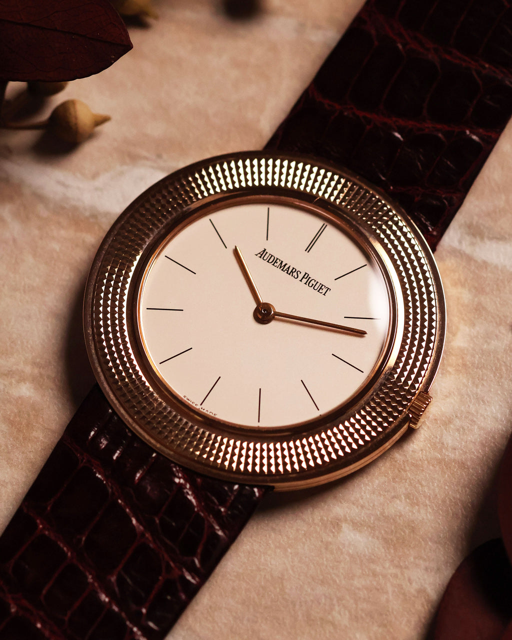 Complete Audemars Piguet Disco Volante in 18k rose gold with leather strap and original buckle, photographed upright