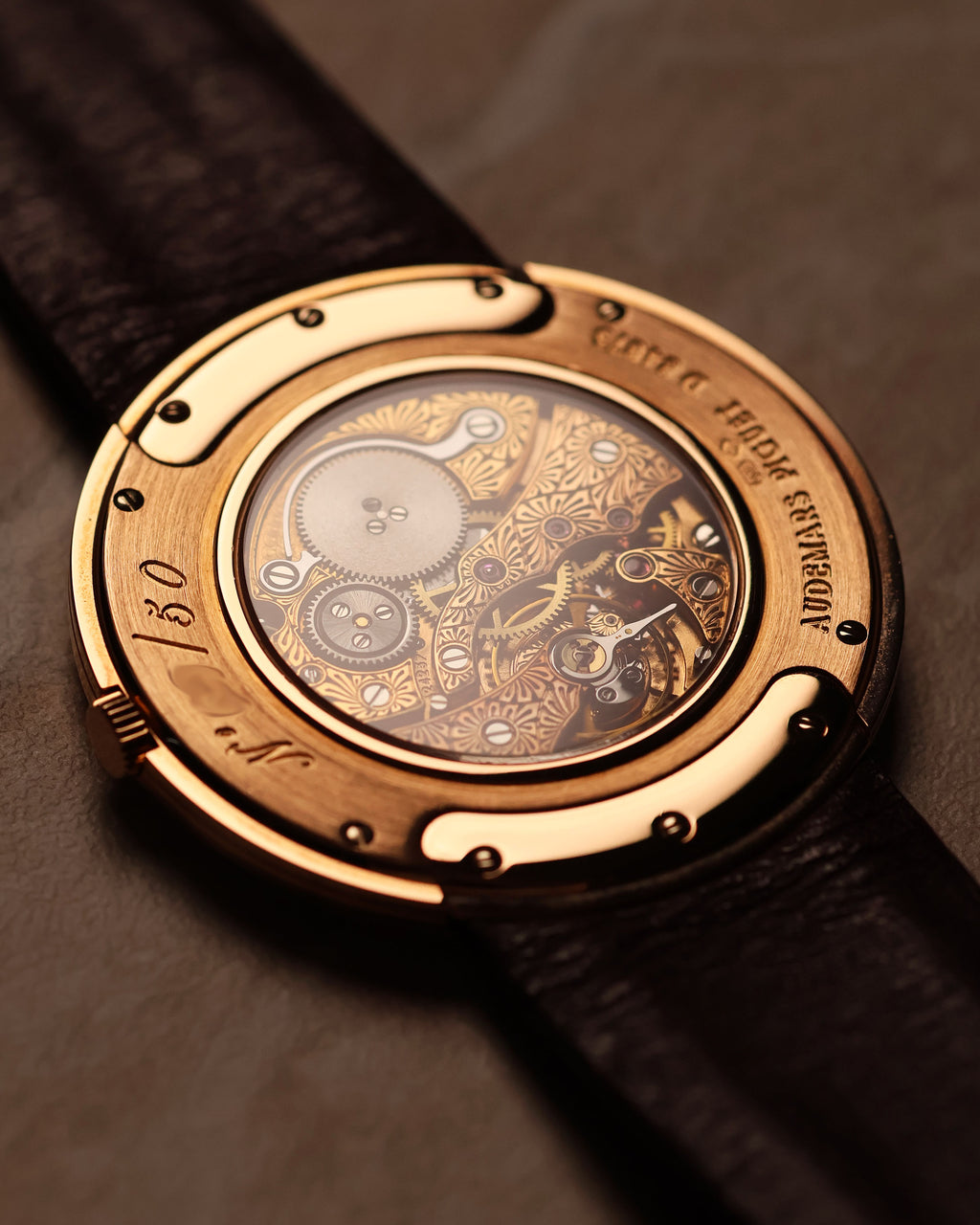 Close-up of engraved movement visible through sapphire caseback of Audemars Piguet Disco Volante Ref. 14988OR