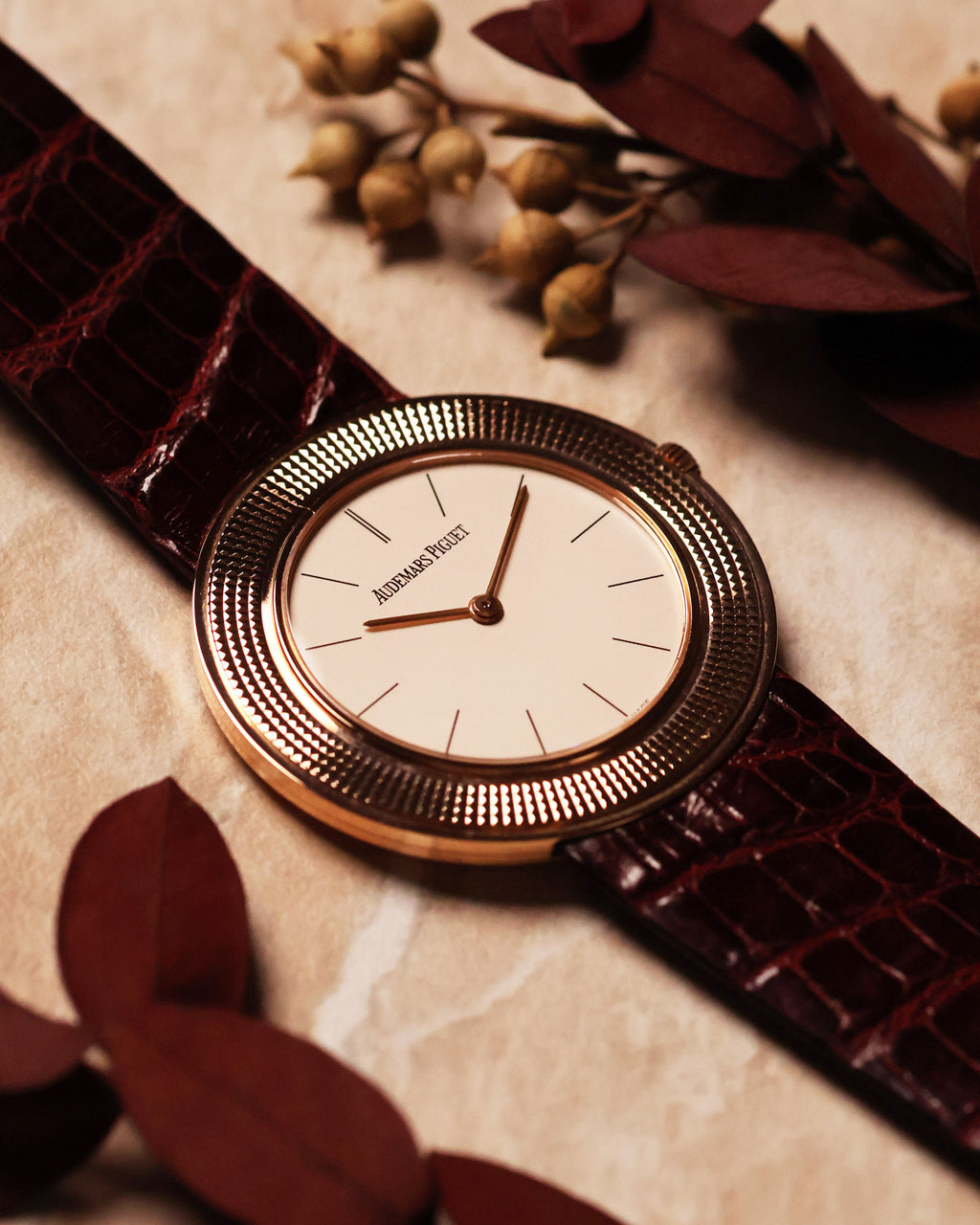 Front-facing view of Audemars Piguet Disco Volante 14988OR showcasing rose gold case and minimalist design