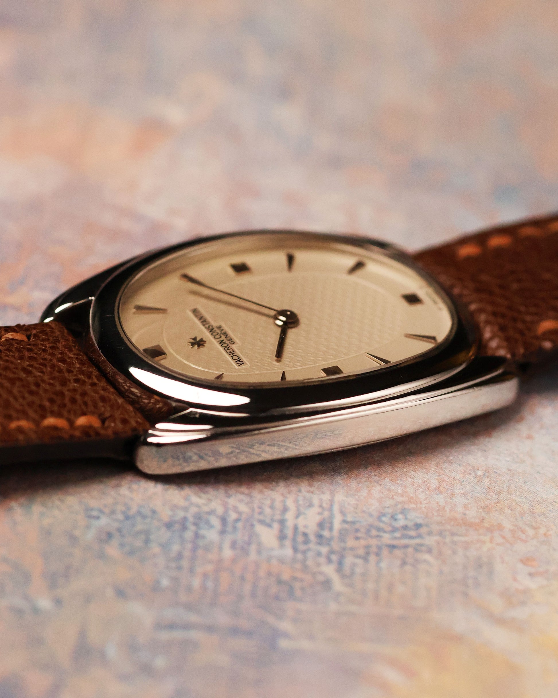 Side profile of the Vacheron Constantin Historiques 31110 in platinum showing its slim case, polished flanks, and subtle dome crystal.