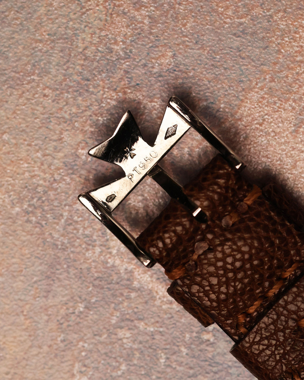 Reverse view of the platinum Maltese cross buckle stamped ‘PT950’, confirming matching platinum hardware for the Vacheron Constantin Historiques 31110.