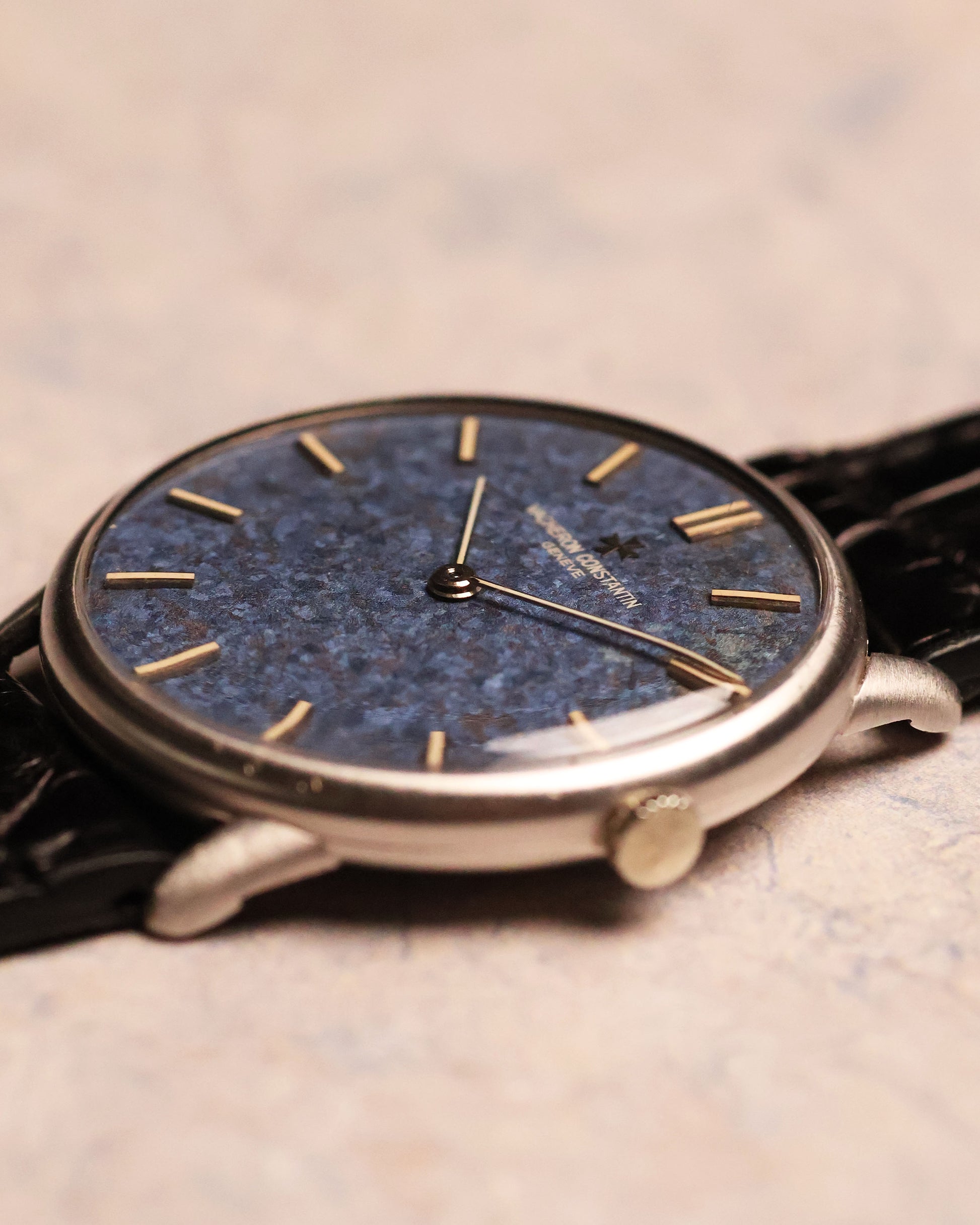 Low-angle perspective of the Vacheron Constantin Ref. 2006 revealing the curvature of the crystal and fine matte finishing of the white-gold case.