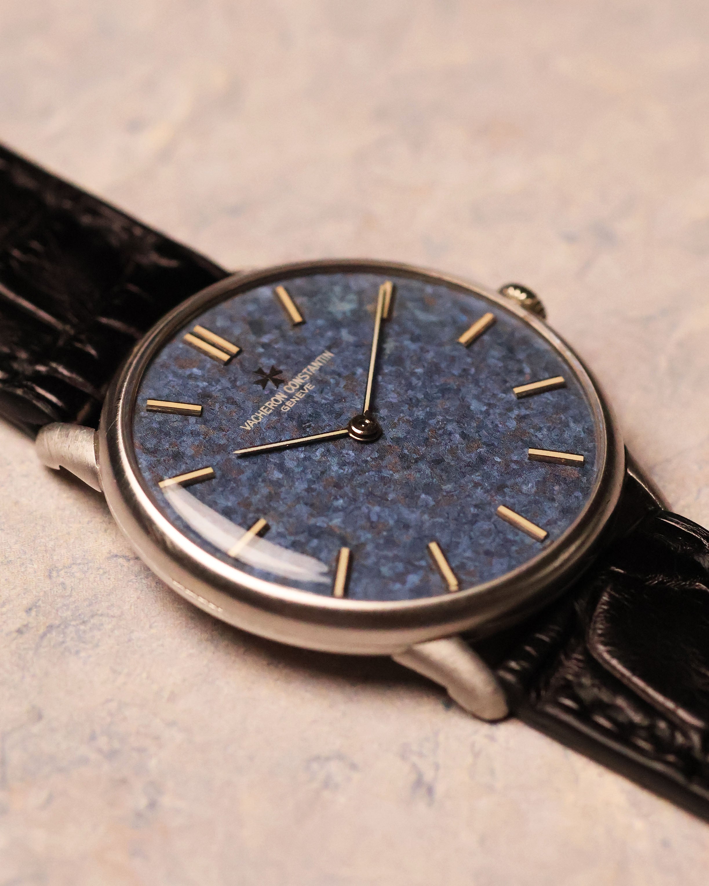 Three-quarter shot of the Vacheron Constantin Ref. 2006 showing its titanium blue dial, slim profile, and polished case edges.