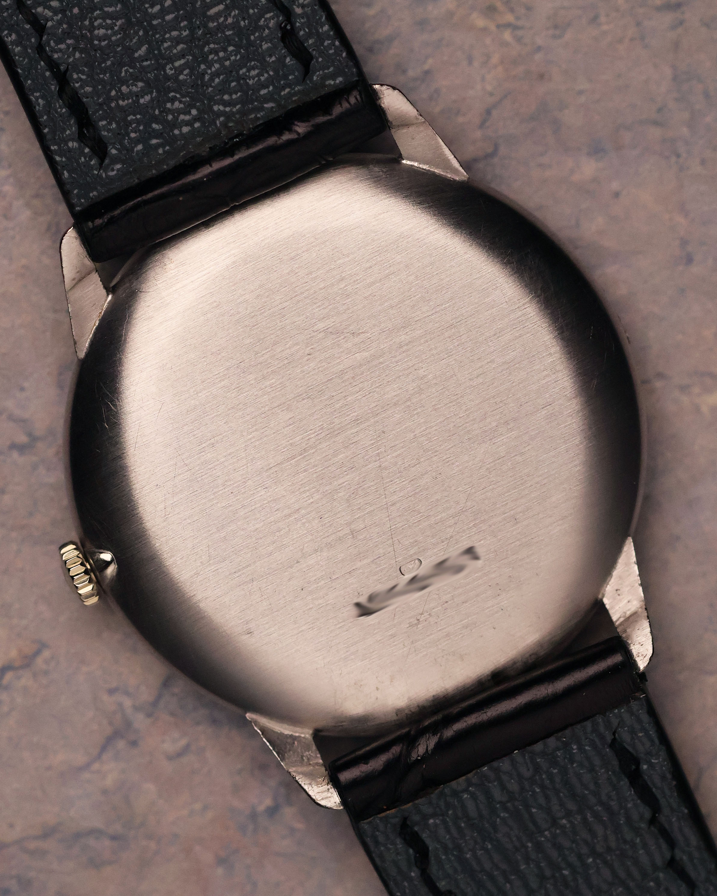Caseback view of the Vacheron Constantin Ref. 2006 displaying the smooth brushed finish of the white-gold back and strap attachment points.