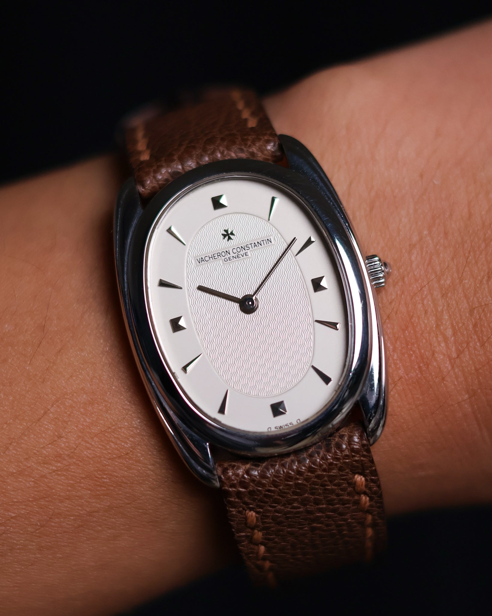 Vacheron Constantin Historiques 31110 in platinum on wrist with brown leather strap