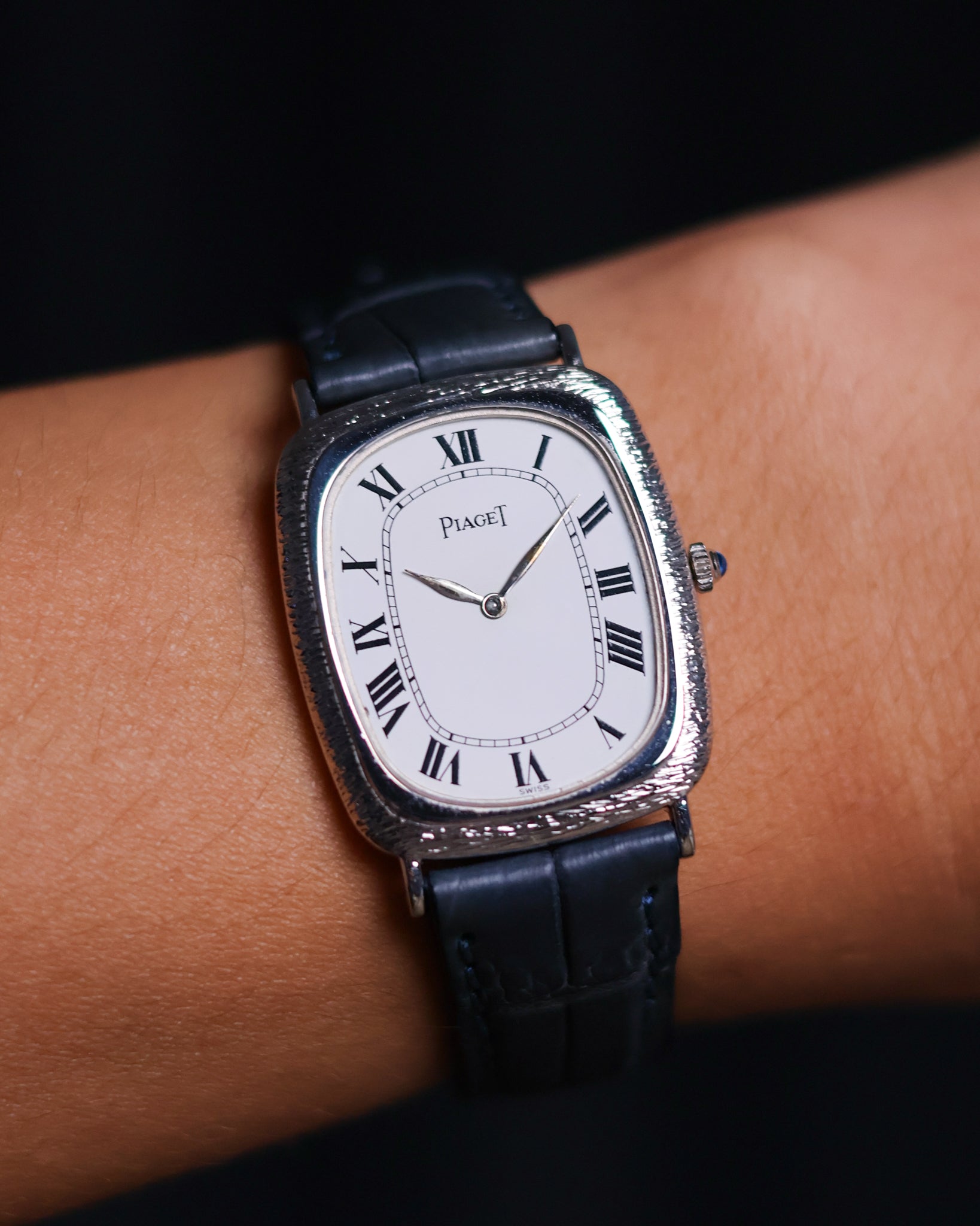 Piaget Ref. 9251 vintage tank watch in 18K white gold with bark-textured case on Wrist