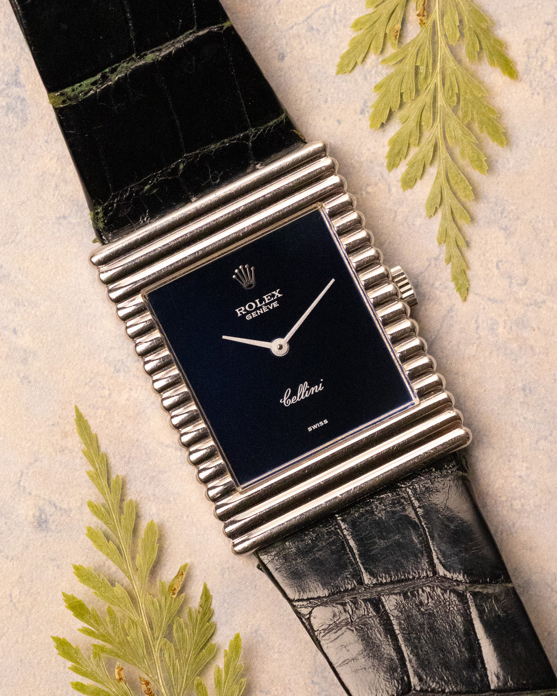 Rolex Cellini Ref. 4012 in 18K white gold with blue mirror dial, ribbed rectangular case, front view