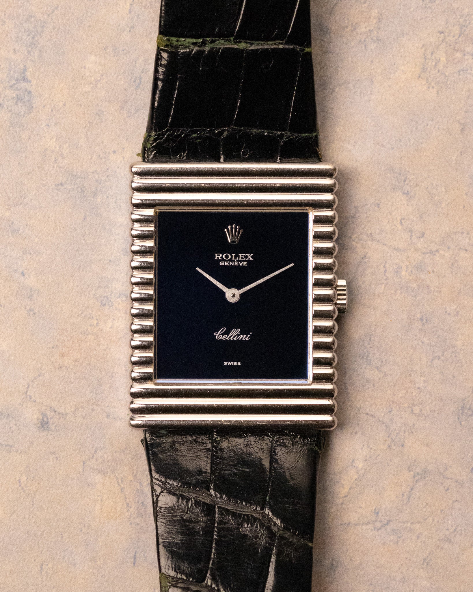 Rolex Cellini 4012 white gold ribbed case with blue mirror dial, straight-on dial view