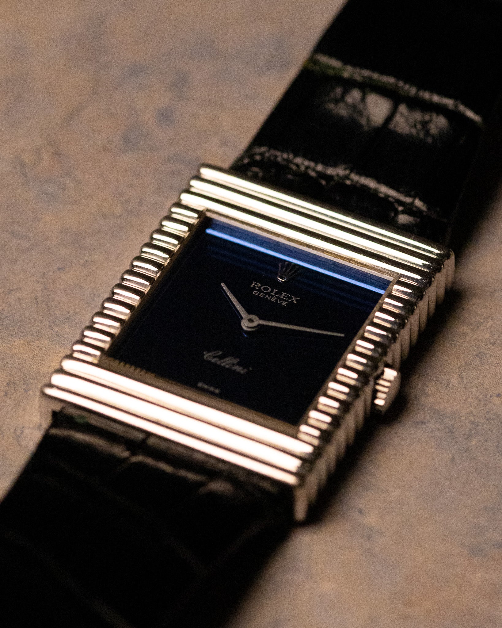 Oblique side view of Rolex Cellini Ref. 4012 emphasizing stepped ribbed white gold case