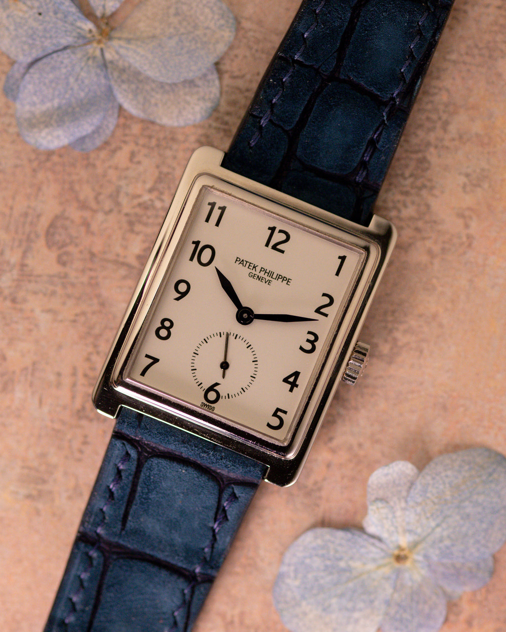 Patek Philippe Gondolo 5010 white gold rectangular watch with silver dial and Breguet numerals, front view