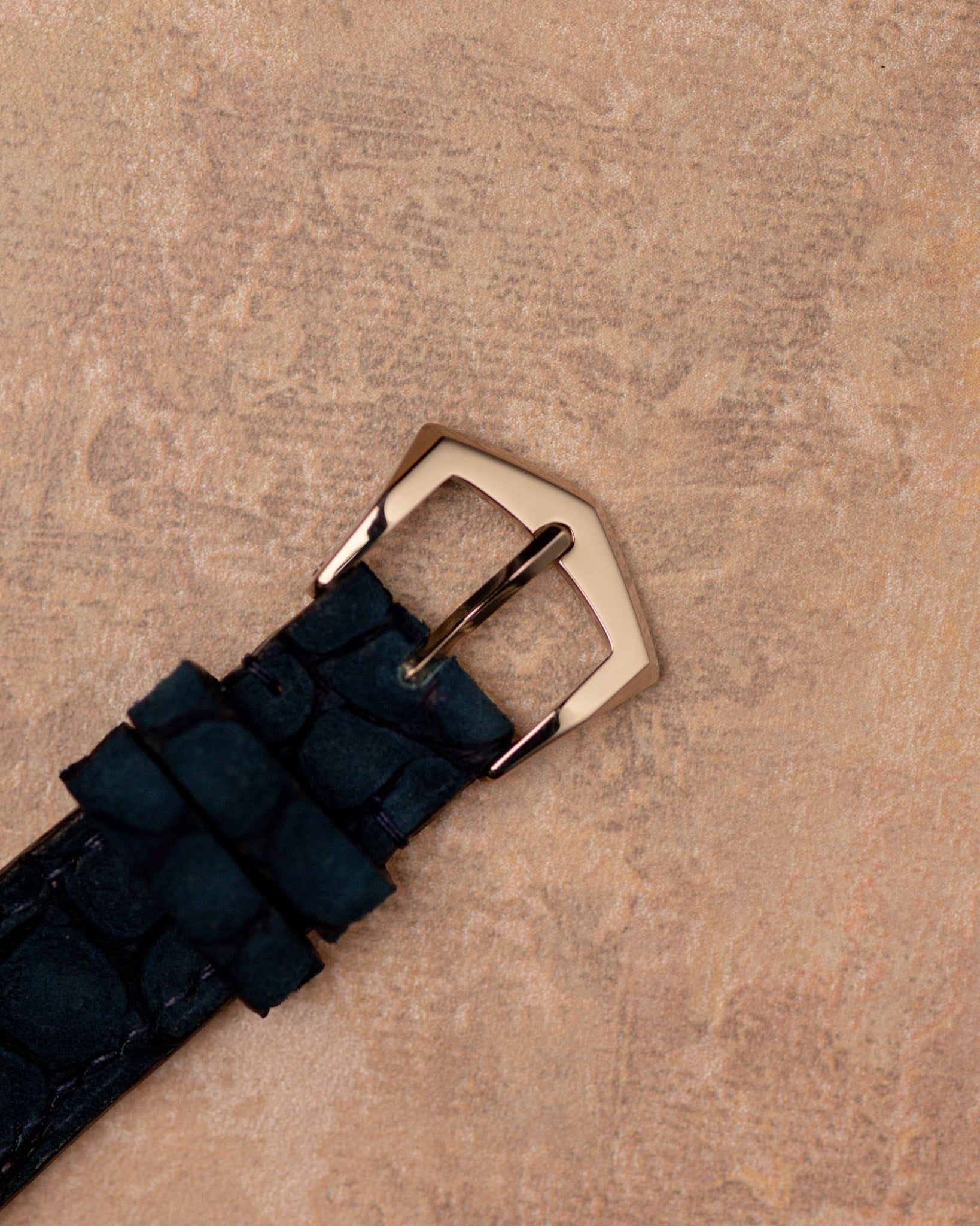 Original Patek Philippe 18k white gold buckle fitted to blue leather strap