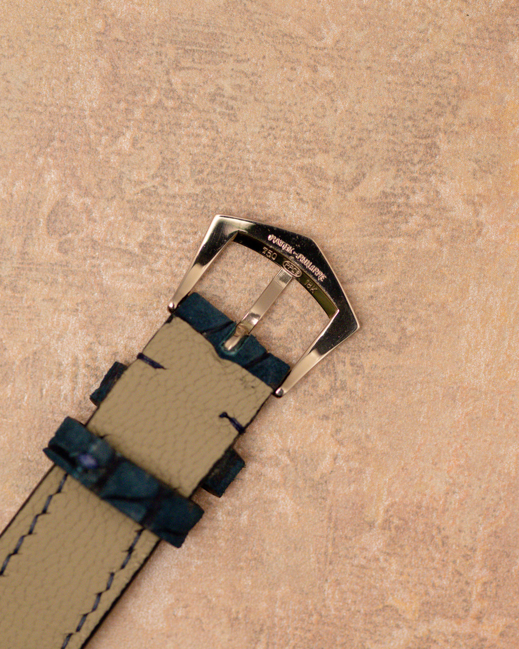 Hallmarked Patek Philippe white gold buckle stamped 750 and Patek Philippe Geneva