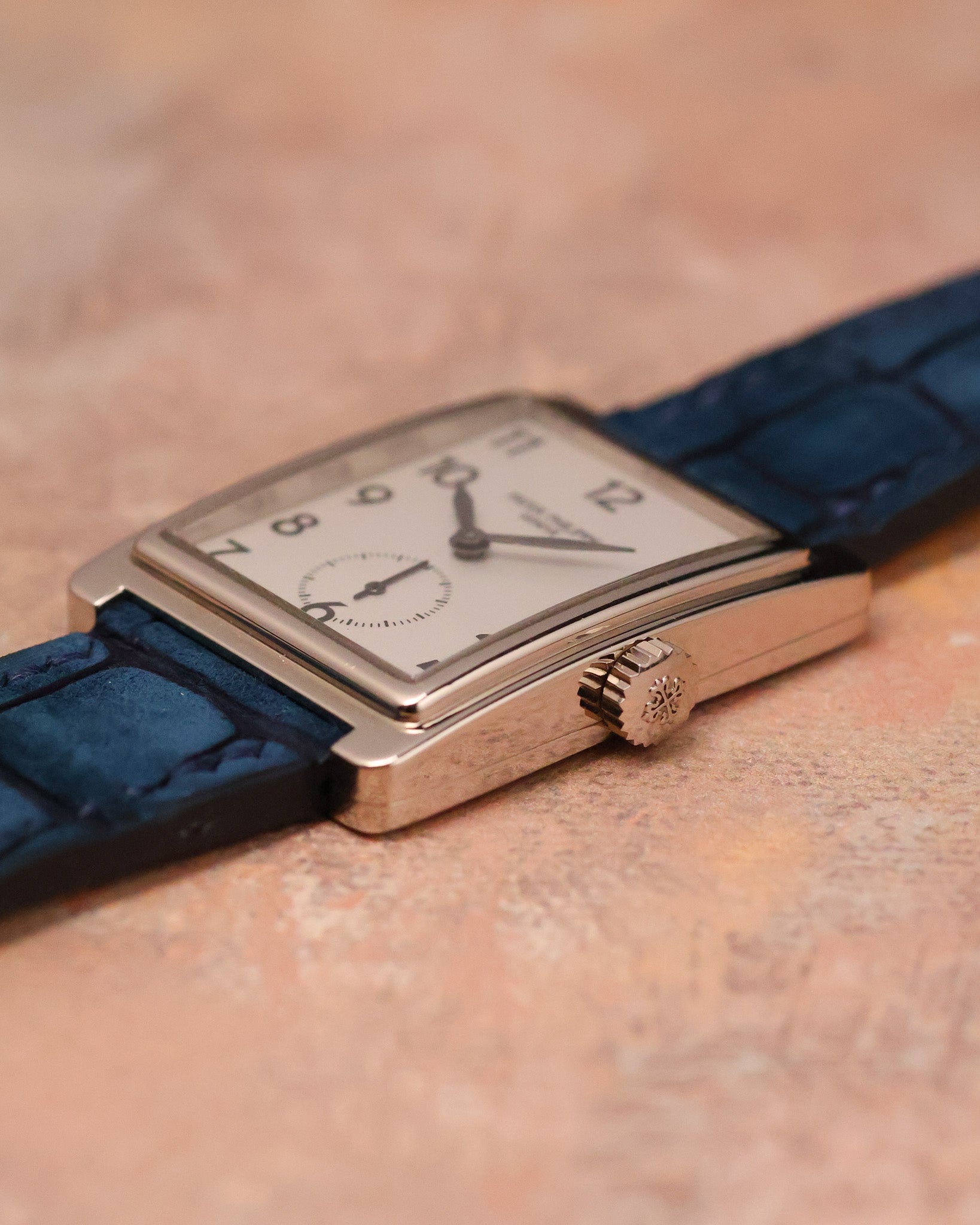 Crown detail of Patek Philippe Gondolo 5010 with Calatrava cross engraving