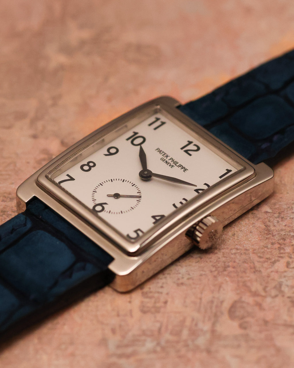 Angled view of Patek Philippe Gondolo 5010 showcasing silver dial and small seconds subdial