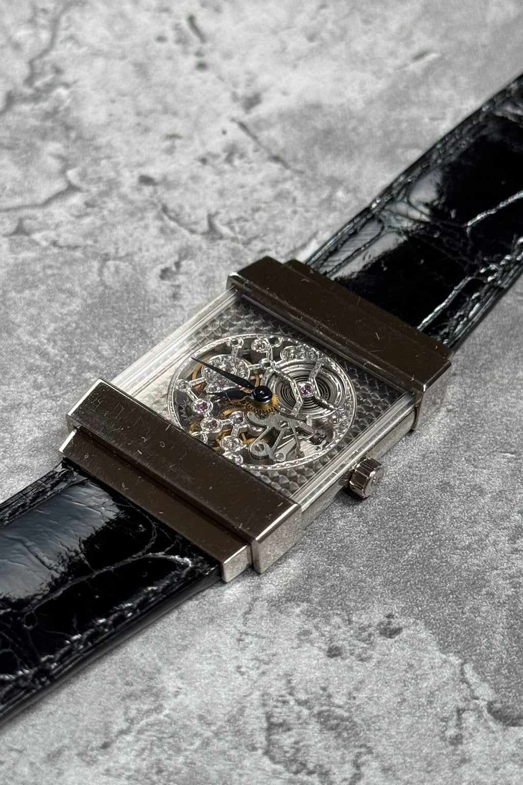 Ultra-rare Concord Crystal Skeleton watch in 18K white gold with architectural top hat case and skeletonized design