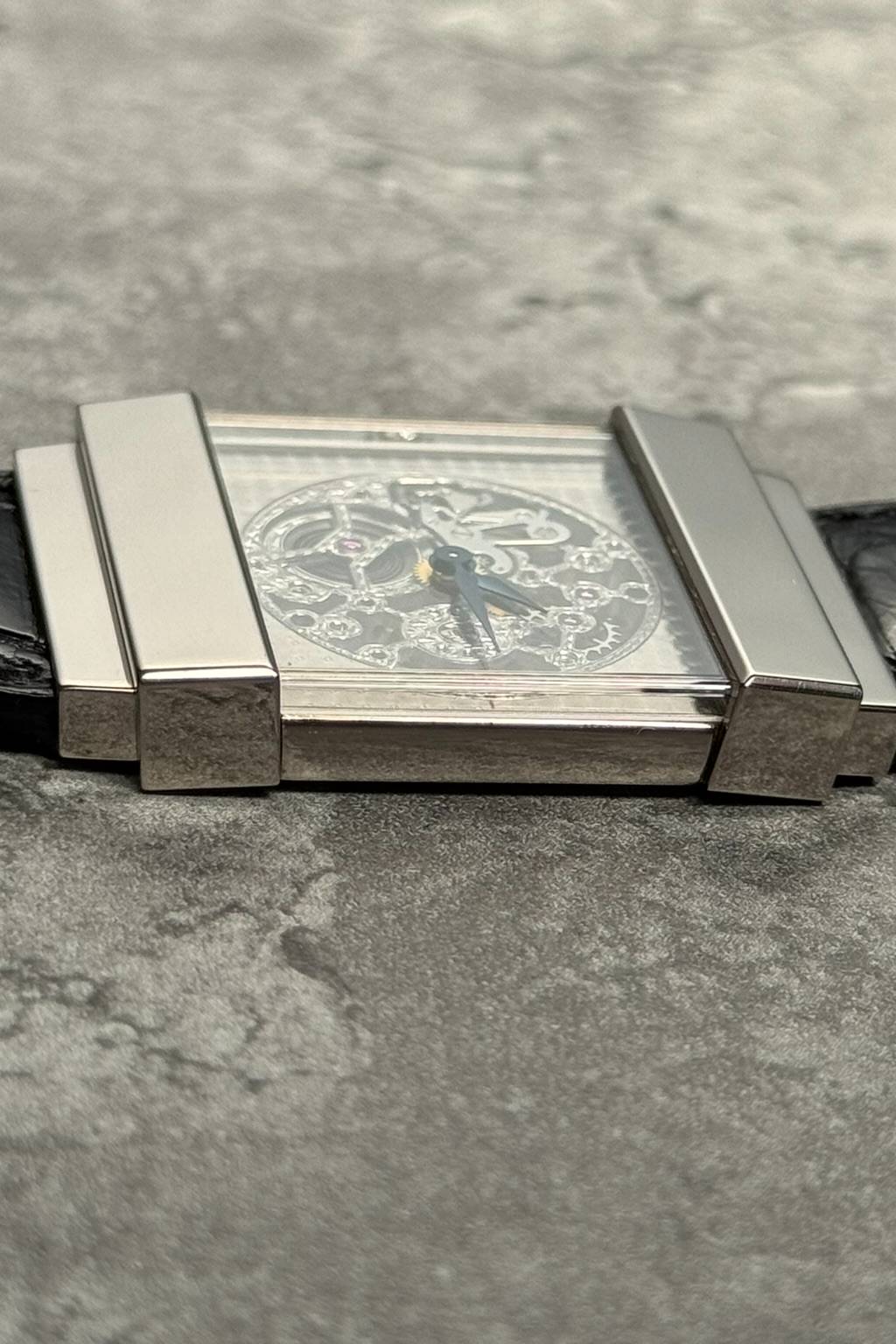 Angular side view of Concord Crystal Skeleton limited edition showcasing sculptural white gold form