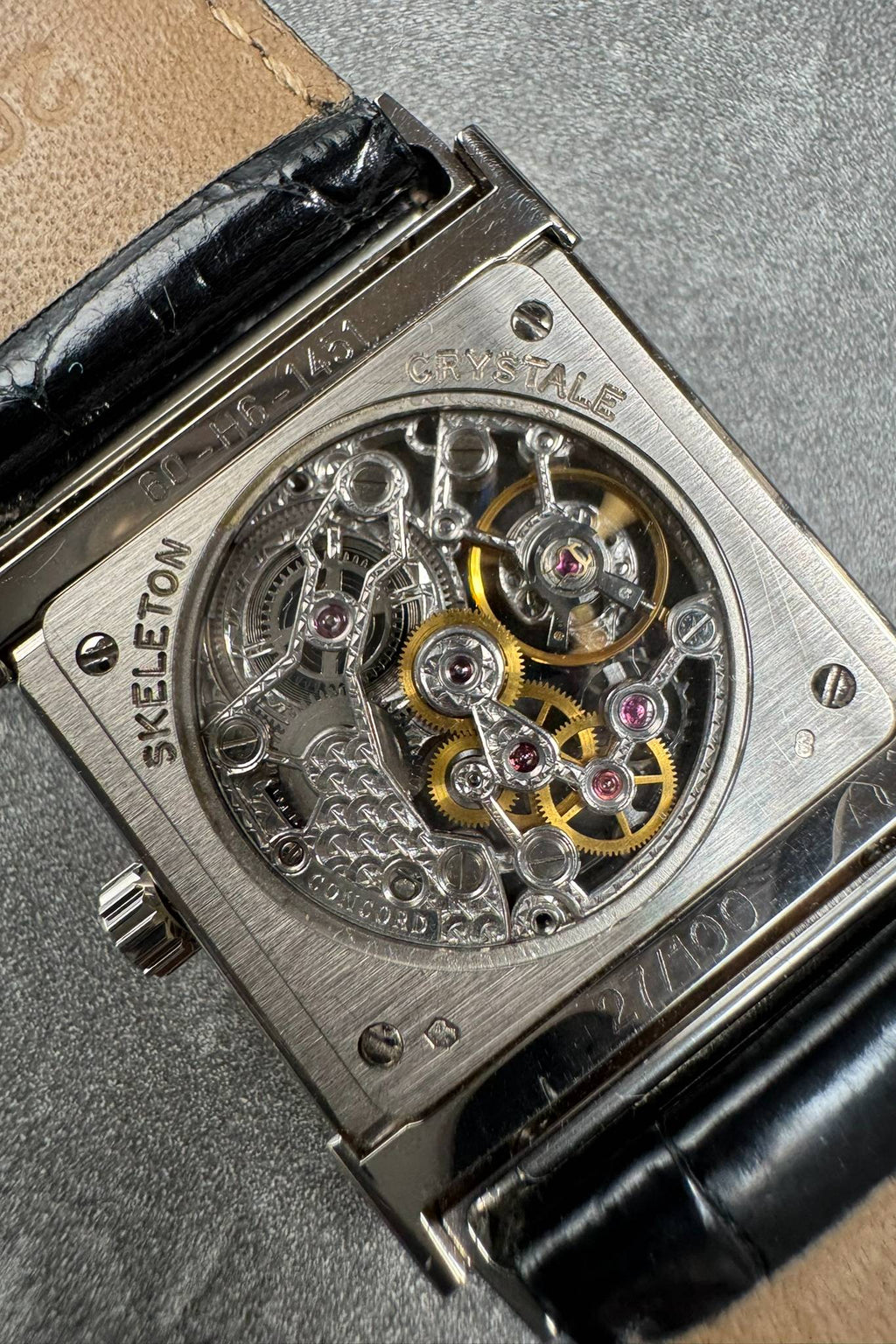 Rear view of Concord Crystal Skeleton limited edition watch with transparent back and visible hand-engraved mechanics