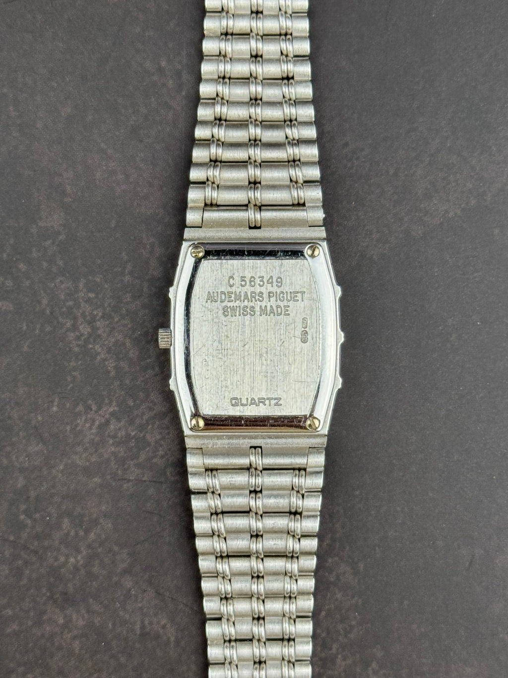 Case back of Audemars Piguet Bamboo watch in solid 18K white gold with integrated bracelet design