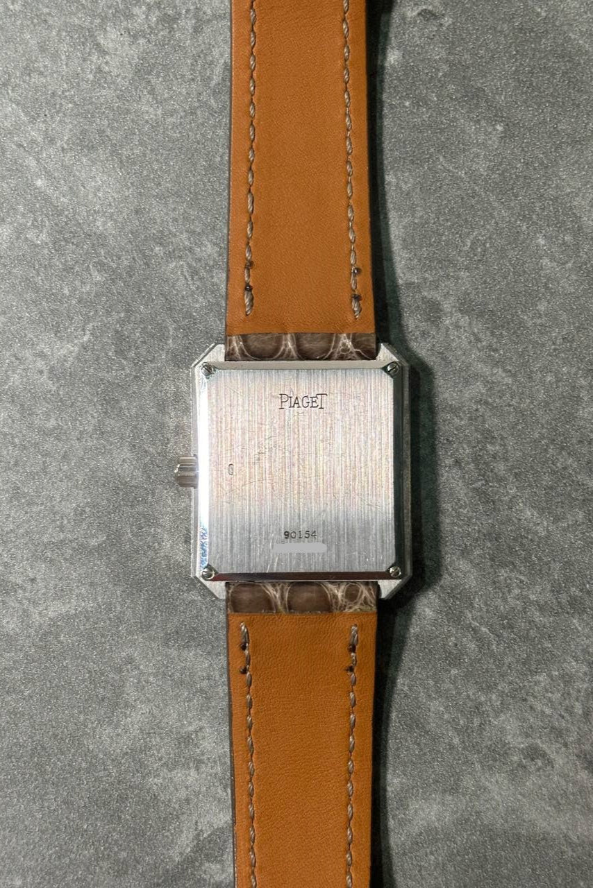 Case back of Piaget 90154 in solid 18K white gold, showing rectangular proportions and clean finishing